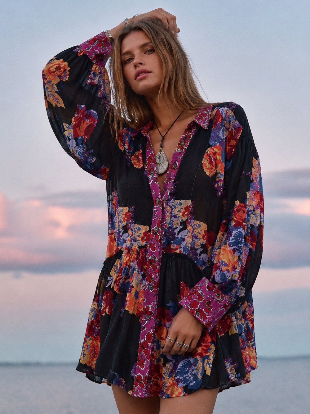 Free People Brunch A Bunch Floral Tunic Dress NWOT L